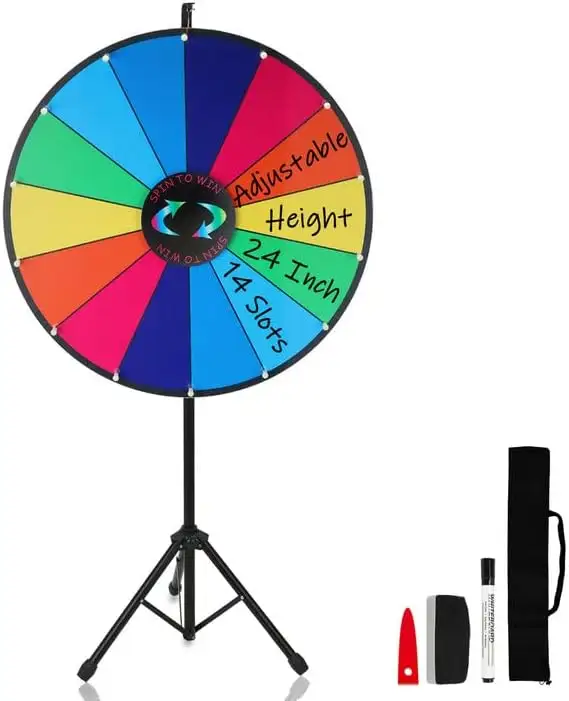 Prize Wheel with Folding Tripod Floor Stand Height Adjustable 14 Slots Color Dry Erase Spin Wheel Spinner Game