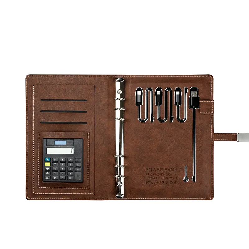 Cadeaux d'entreprise Agenda Notebook Pen U Disk Metal avec Power Bank avec 16GB Usb Portable Brown Universal Paper + Leather 90 Sheets
