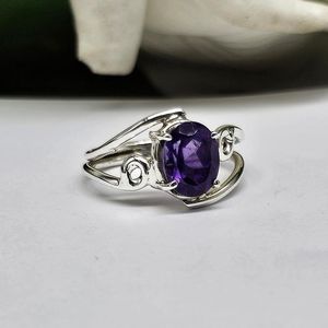 Handmade 925 <b>Sterling</b> <b>Silver</b> Women's Statement <b>Ring</b> Amethyst Gemstone <b>Set</b> in Oval Cut Diamond Bezel Setting for Weddings - Product Image 3