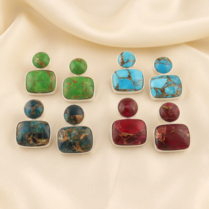 Boucles d'oreilles clous géométriques en cuivre et turquoise, laiton massif plaqué argent, style bohème, double pierre, bijoux de mode pour femme, cadeau - Product Image 5
