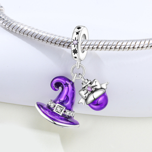 Abalorio de aleación plateada con diseño de sombrero de bruja morado, esmalte violeta brillante, gorro de mago, cristal CZ, joyería de bruja mágica de Halloween - Product Image 3