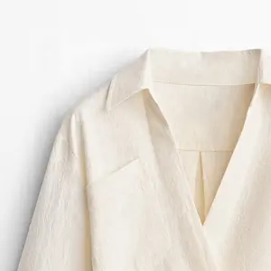 Tong Rui Ivory Linen Short Kimono V Neck Crossover Closing With A Bow Tie Top Women Linen Shirt