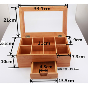Bamboo <b>Tea</b> Storage <b>Box</b> With Glass Lid 33.1x21x10cm Divided Compartments Drawer For Desktop Home Use - Product Image 1