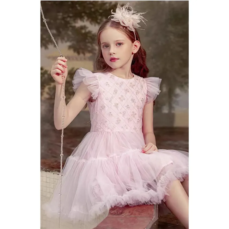 Летнее новое платье с цветами для девочек, с вышивкой жемчугом, в фантастическом стиле, марлевые платья для девочек, детские платья для принцесс