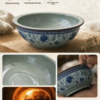 Bol à soupe en céramique sous glaçure bleu et blanc Zhenwu, 10 pouces, compatible micro-ondes, pour restaurant et usage domestique, style rétro chinois léger