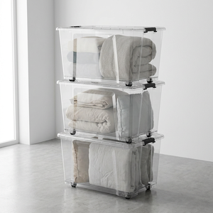 Contenedor de Almacenamiento de Plástico Transparente Resistente para el Hogar de 50 l, Apilable, <span class=keywords><strong>Encajable</strong></span>, con Tapa y Ruedas - Product Image 3