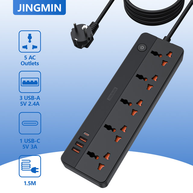 2500W 10A Power Strip with 3USB 1TypeC New Electrical Wall Socket Antiskid EU/UK/US/IN Universal Socket Cable Lengths 1.5 3m 5m