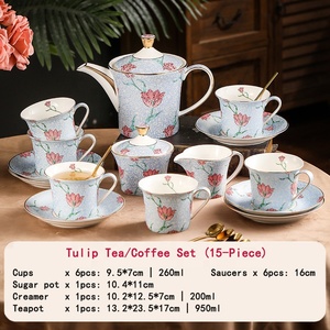 Elegant Tulip Blue Coffee and <b>Tea</b> <b>Set</b> Porcelain Floral 6 Cups & Saucers 1 Creamer 1 Sugar 1 <b>Tea</b> <b>Pot</b> 15 Pieces Afternoon <b>Set</b> - Product Image 2