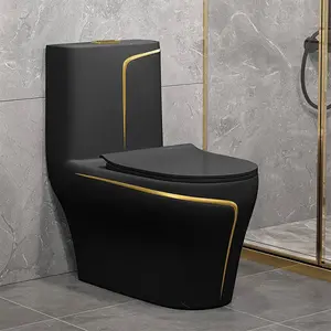 Moderne Badkamer Sanitair Eendelige Randloze Spoeling S-Trap Wc Toilet En Wastafel Keramische Zwart Goud Toiletpot Set