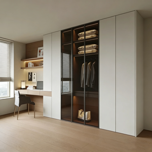 Armoire de chambre à coucher sur mesure professionnelle avec coiffeuse et vitrine de rangement à portes vitrées avec tiroirs - Product Image 2