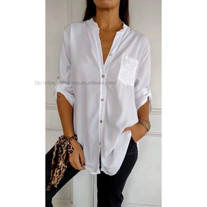 Round Neck Sequin <b>Patchwork</b> Three Quarter Sleeve Women's Solid Color <b>Shirt</b> Blouse Top Fashion - Product Image 2
