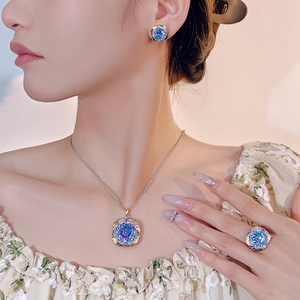 Vintage Eco-friendly Copper Blue Gradients Cubic Zirconia Necklace Set for Women High Quality 18-14mm Round Gem Jewelry Set - Product Image 4