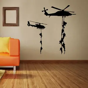 Stiker dinding ukir seri militer hitam model baru, stiker dinding dekoratif untuk ruang tamu, stiker helikopter pasukan baru