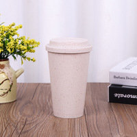 Gobelet à café réutilisable de 16 oz, bouteille d'eau biodégradable en paille de blé et fibre de bambou avec couvercle anti-fuite