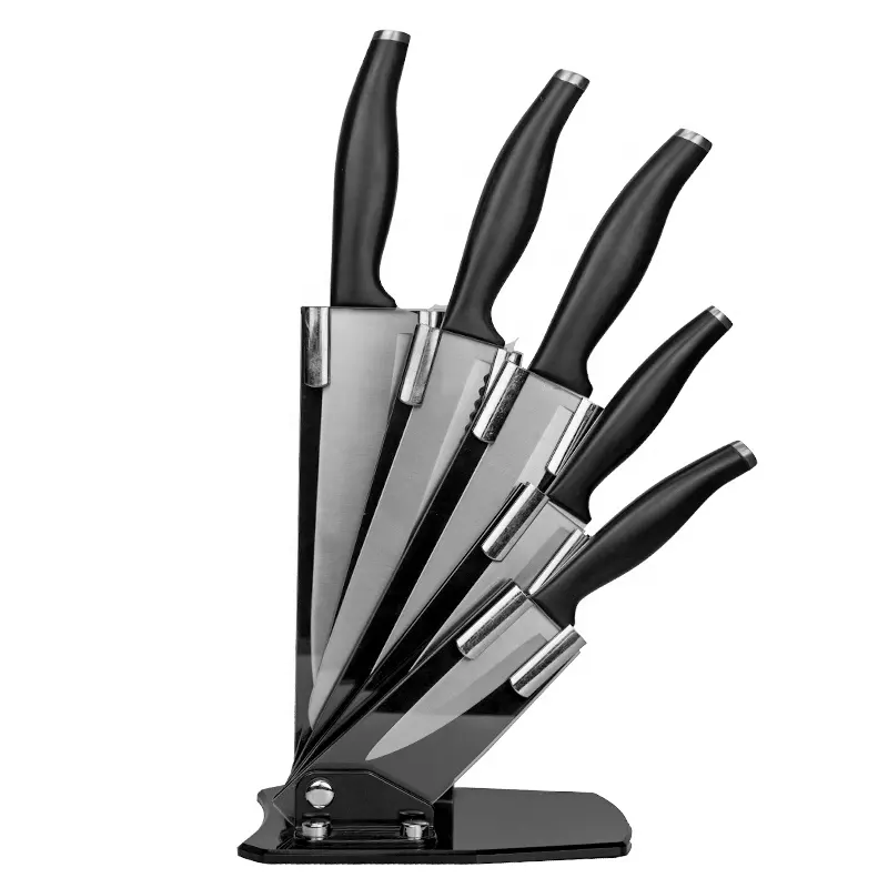 High-quality stainless steel +ABS handle 5-piece knife set with scissors and black acrylic knife holder