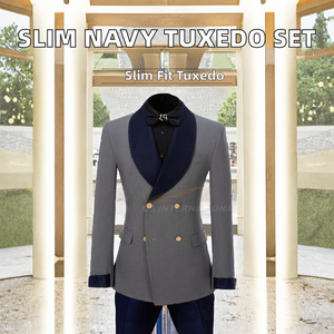 2 Piece Men Tuxedo Suit <b>Set</b> Slim Fit Navy Single Breasted <b>Blazer</b> with Shawl Lapel and Matching Pants Formal Brown 100% Wool - Product Image 2