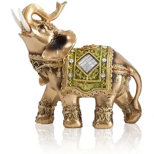 Estatua de elefante de oro, escultura creativa de resina de viento de la suerte, decoración de elefante