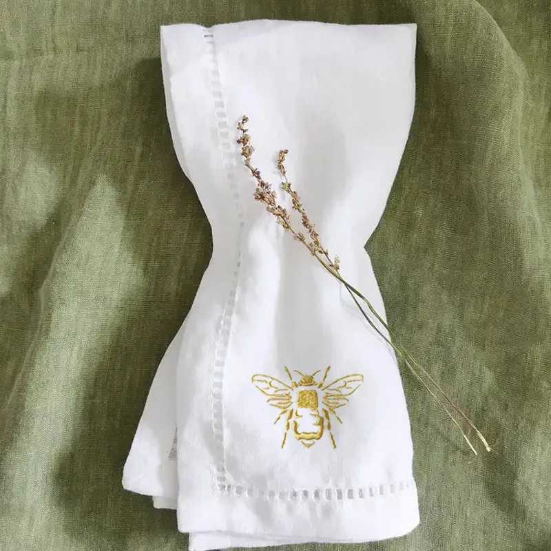ナプキンメーカーホワイト100% フレンチリネン刺繍テーブル結婚式ヘムステッチ亜麻リネン工場卸売