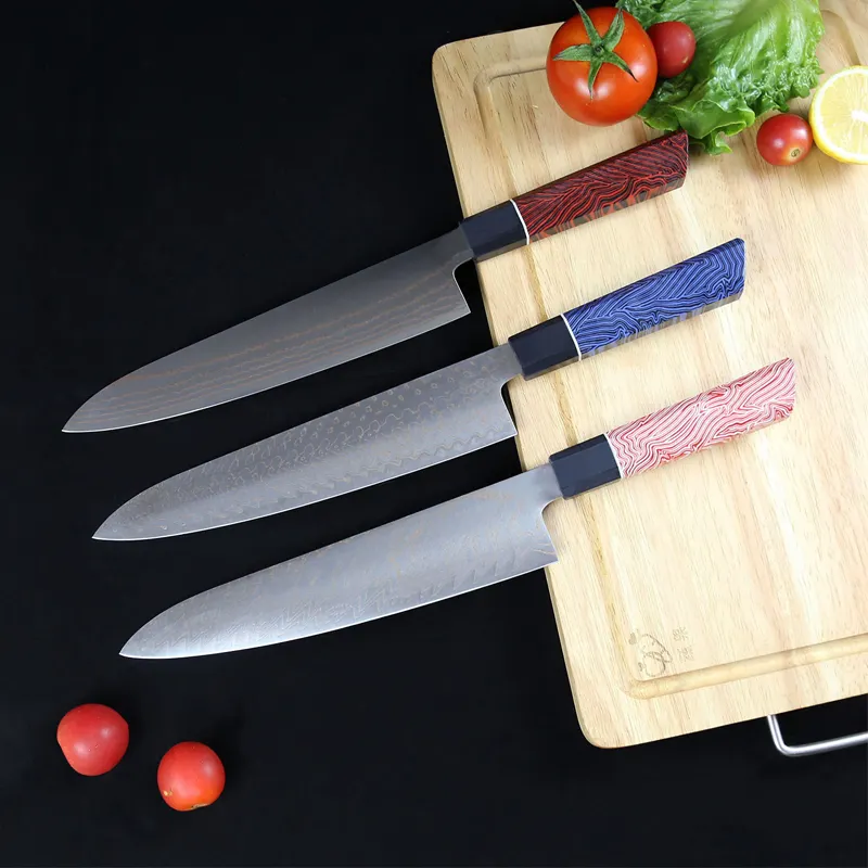 سكين مطبخ ياباني نحاسي فائق الحدة مصنوع من الفولاذ الدمشقي عالي الجودة سكين طاهٍ طراز Tang كامل الحدة مع مقبض G10