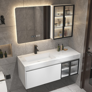 Nouvelle armoire de rangement intelligente avec miroir gris moderne, meuble de salle de bain mural avec miroir LED intelligent et plateau en pierre - Product Image 3