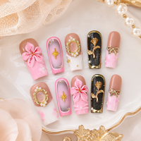 Ensemble d'ongles artificiels romantiques 3D floraux avec nœud rose, miroir, perle et or, à presser, pour salons de manucure et vente au détail en boutique