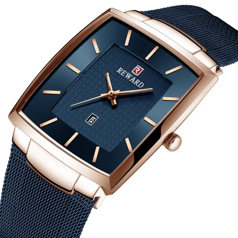 Diskon besar hadiah jam tangan pria sabuk jala biru persegi RD-62009M Reloj de los hombres Relogio Masculino