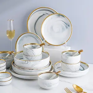 Набор мраморной посуды с золотистыми краями в скандинавском стиле, керамические блюда разных размеров