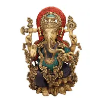 Ganesh Điêu Khắc Ngọc Lam Đá San Hô Kết Thúc Kim Loại Brass Thủ Công Mỹ Nghệ Ấn Độ Trong Kết Thúc Cổ