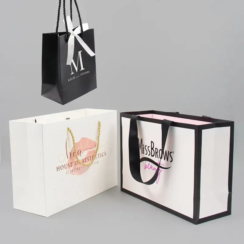 2023 Wholesale Custom Logo Cardboard Packaging White Black Luxury Gift Shopping Jewelry Paper Bag With Handles