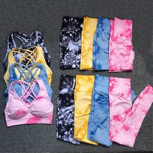2021 Women Seamless Yoga Sets Tie Dye Gym Clothing Set Workout High Waist Scrunch Leggings Sport Bra Dye Sports Suits