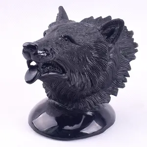 Obsidian Carved Statue Crystal Wolf Skull Exquisite Hand Carved Black Black Stone All Natural Gemstone Available Engraving OEM