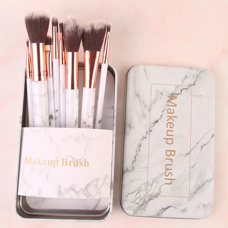 New arrive marble 8 pcs iron box portable brush maquillaje makeup tools round head beauty tool makeup brush