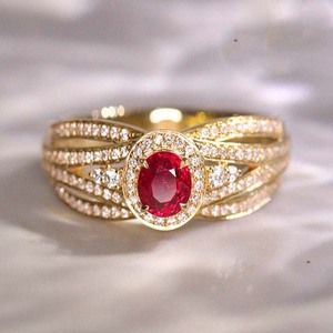 Anillo de Rubí Ovalado Q784, Oro Sólido de 18K, Engaste Pavé, Diamantes de Corte Brillante Redondo, Anillo de Compromiso con Gema para Mujer - Product Image 1