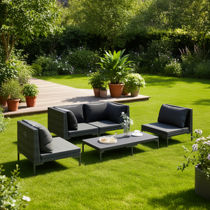 Ensemble de salon de jardin gris foncé noir en rotin avec structure en acier résistant aux intempéries, mobilier d'extérieur au design contemporain, 4 places - Product Image 2