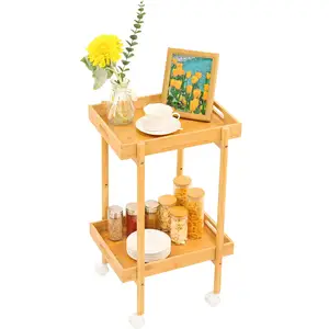 Bamboo Bar Cart, Serving Cart with Rolling Tray, Utility Cart with Wheels and Trays for Kitchen, Living Room Outdoor Indoor
