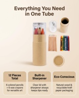 Mini kit artistique en tube kraft, 6 crayons de couleur, 6 crayons de cire, taille-crayon transparent, couvercle en bois naturel, hexagonal/rond, logo personnalisé, sérigraphie, pour enfants