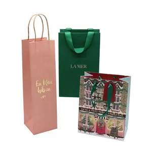 定制印刷圣诞纸酒袋，带twit手柄烫金粉色礼品袋，用于带有您自己标志的葡萄酒豪华纸袋