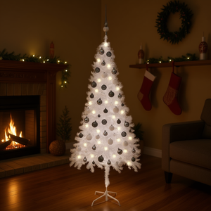 Árbol de Navidad artificial de PVC blanco de 59.1 pulgadas con luces LED y juego de bolas, árbol de pie para interiores con luz blanca cálida - Product Image 2
