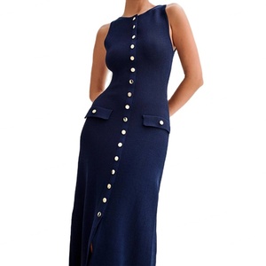 ขายส่งเสื้อผ้าสั่งทำคุณภาพสูงสำหรับฤดูร้อน แบบไม่มีแขน คอติดกระดุม มีกระเป๋า ทรงเข้ารูป ผ้ายืด/โพลีเอสเตอร์ เรียบง่าย สบายๆ ความยาวปานกลาง - Product Image 1