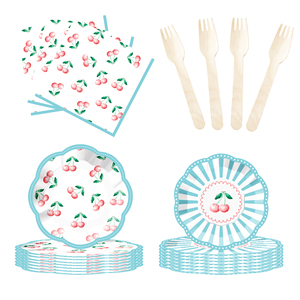 DAMAI Nuevo Juego de Vajilla Desechable con Diseño Personalizado de Frutas, Platos, Vasos y Servilletas de Papel Azules con Temática de Cereza - Product Image 3