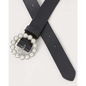 เข็มขัดผู้หญิงทรงกลมพร้อมหัวเข็มขัดมุกโลหะผสมสไตล์ทางการหนังสีดำ - Product Image 2