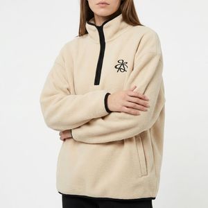 Sweat-shirt en <span class=keywords><strong>polaire</strong></span> surdimensionné pour <span class=keywords><strong>femme</strong></span> avec demi-fermeture éclair et logo brodé personnalisé, idéal pour le streetwear décontracté - Product Image 2
