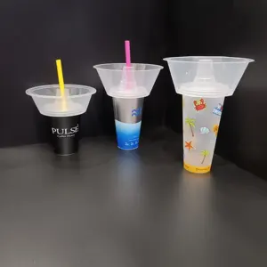 工場ロゴプリント2in1スナックドリンクカップ、ストロー付き大開口部プラスチック飲料カップ映画用トップスナックボウル