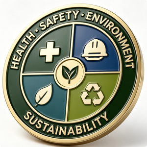 Insignia de Seguridad en la Salud, el Medio Ambiente y la Sustentabilidad, Emblema Circular de Metal Chapado en Oro con Esmalte Duro, Tema de Protección Ambiental - Product Image 3