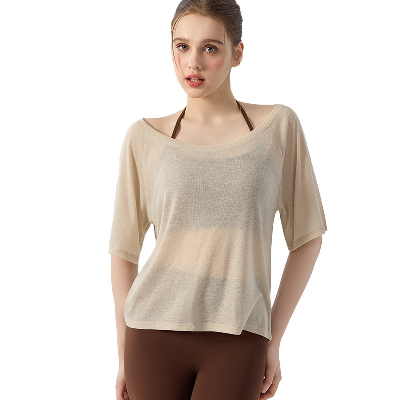 Casual Summer Yoga Tops Five-quarter Sleeve Women's Crew-Neck T-Shirt Loose Simple Breathable Versatile