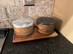 Caja clásica de madera de acacia para especias, hierbas, sal, pimienta, cuenco, coctelera de bodega, tapa de mármol gris, cuchara para cocina, incluido el azúcar clásico - Product Image 6