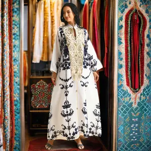 Gaun Kaftan bergaya etnik wanita, gaun malam lengan panjang dari Timur Tengah Dubai Arab modis berbordir