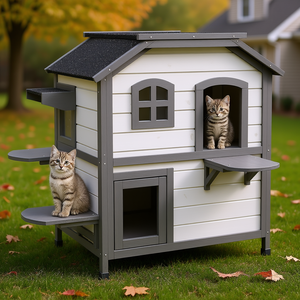 Casa para Gatos de 2 Pisos, Exterior, de Madera Blanca, con Puerta de Escape y Techo de Asfalto, para Refugio de Gatitos - Product Image 2