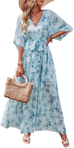 Womens Boho Halter Lace-Up V <b>Neck</b> Midi Sleeve Slit A-Line High Waist Eco-Friendly Breathable Summer Dress Vacation Waist <b>Tie</b> - Product Image 3