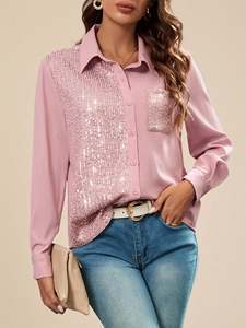 Camicetta Sexy da donna a manica lunga <span class=keywords><strong>con</strong></span> decorazione <span class=keywords><strong>con</strong></span> <span class=keywords><strong>paillettes</strong></span> sulla parte anteriore camicette da donna a tinta unita <span class=keywords><strong>con</strong></span> bottone anteriore - Product Image 4